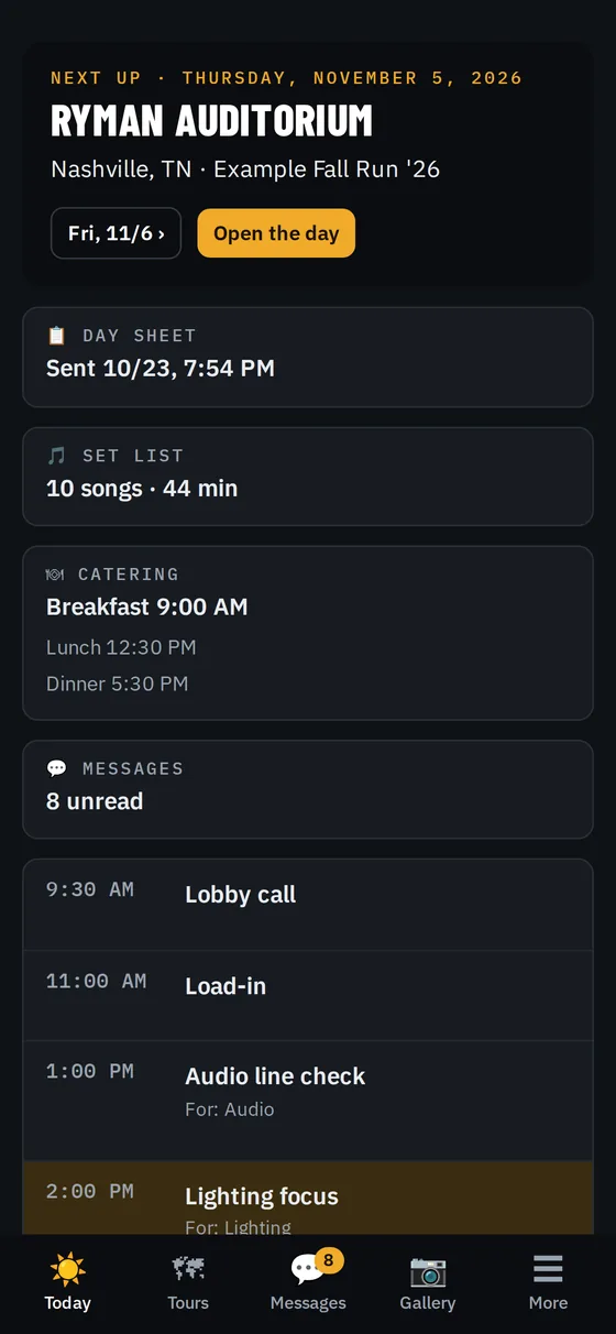 Tour Runner on a phone: today’s venue, day sheet, set list, catering and messages